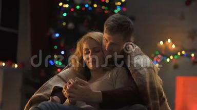 温柔的一对夫妇<strong>一起过圣诞</strong>节，男人用手拉着女士们的手，亲吻她